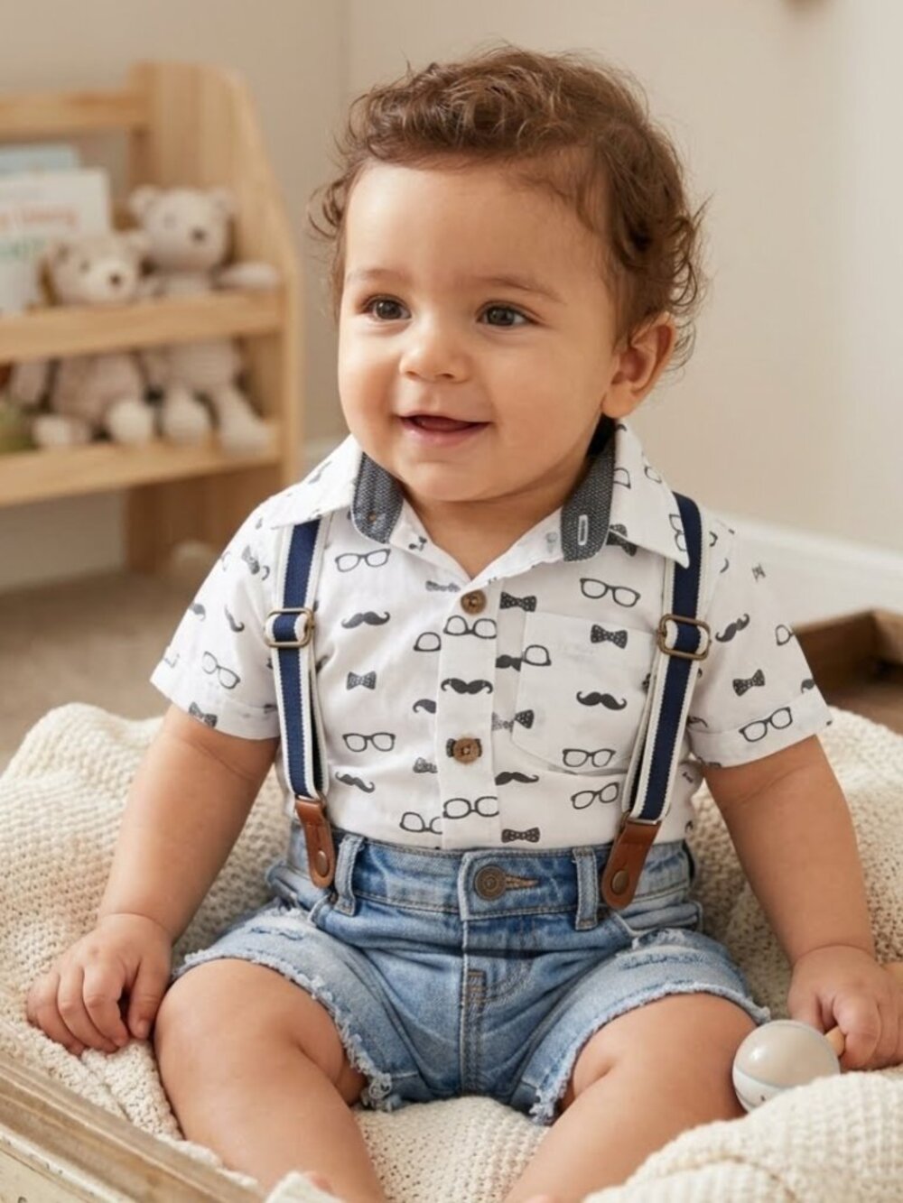 Bon Bebe Baby Gentlemen Button Up Shirt White Mustaches & Glasses w. Jorts 3-6 M